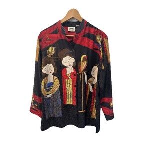 Vtg CHICO Mandarin Collar 100% Silk Asian Style Tunic Button Down  Blouse Sz 1